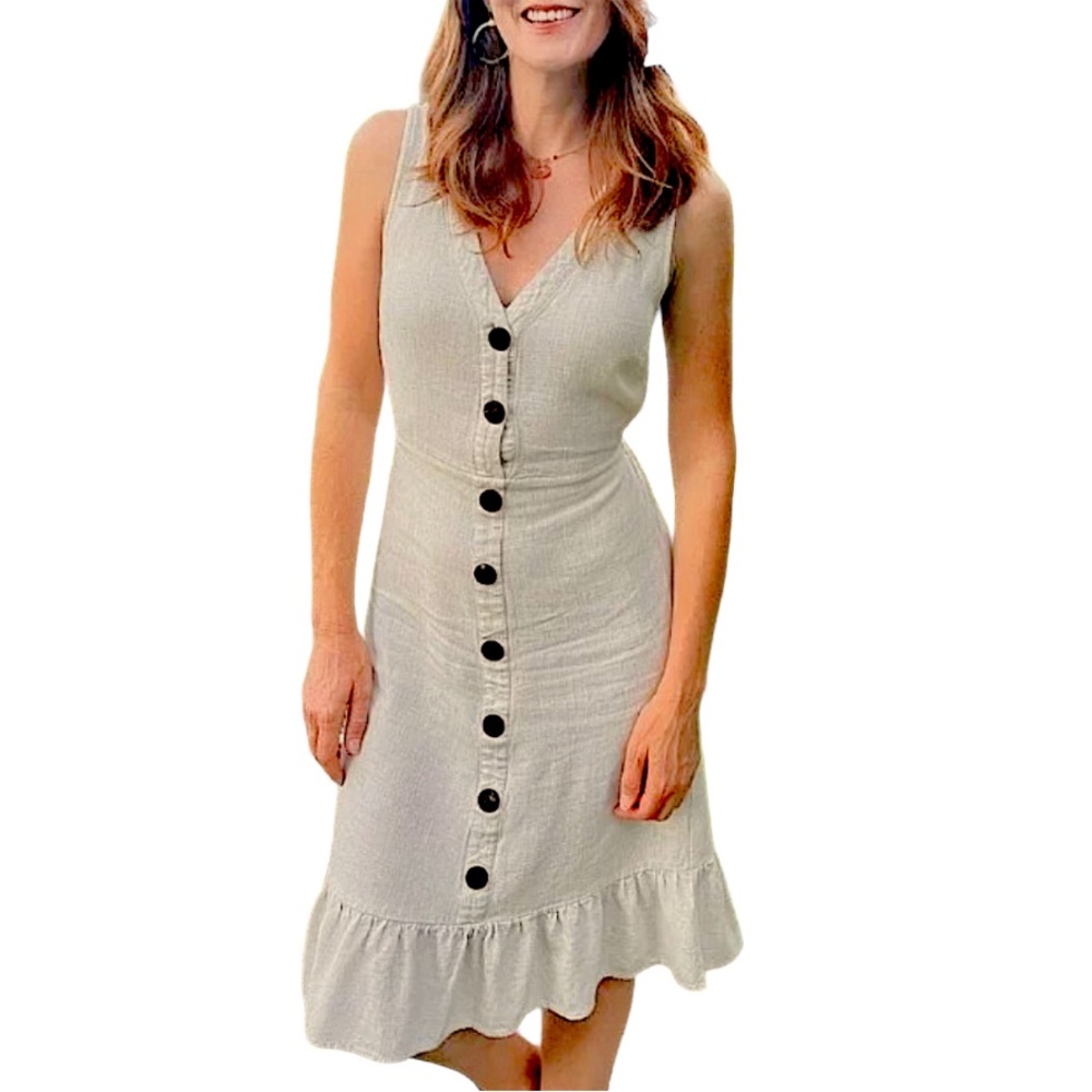 Monteau Los Angeles Small Beige Linen Button Front Ruffle Hem Midi Dress NWT